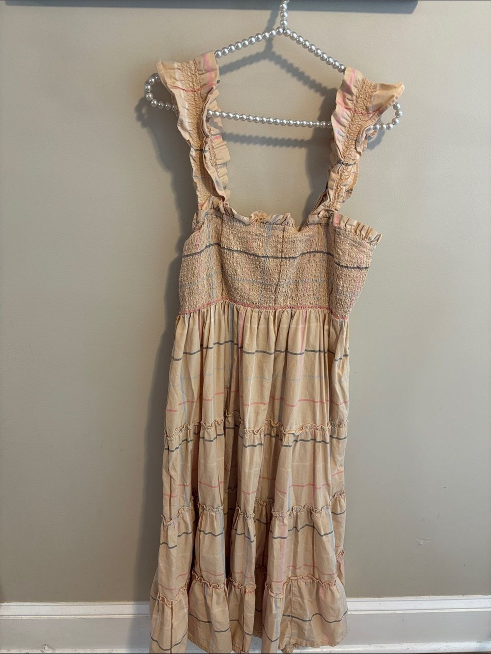 Crown & Ivy Plaid Smocked Tiered Maxi Dress Medium M Cotton Pastel Ruffle